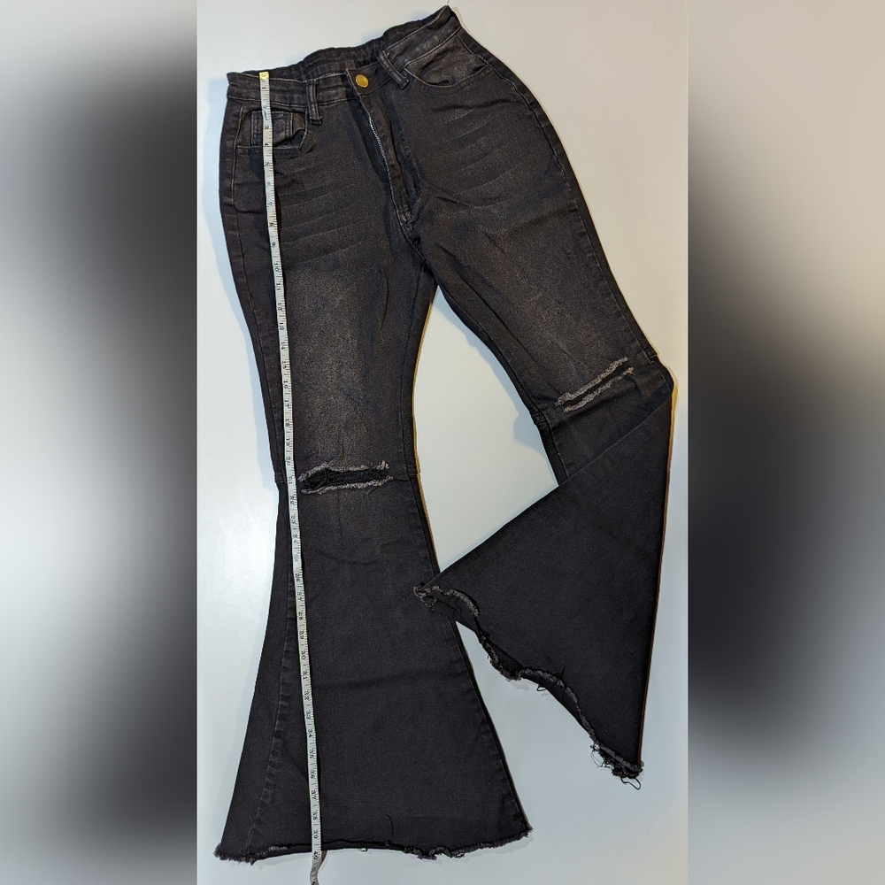 Women's M Black Super Flare Bell Bottom Jean Distressed Knee Super Stretchy - Picture 7 of 8